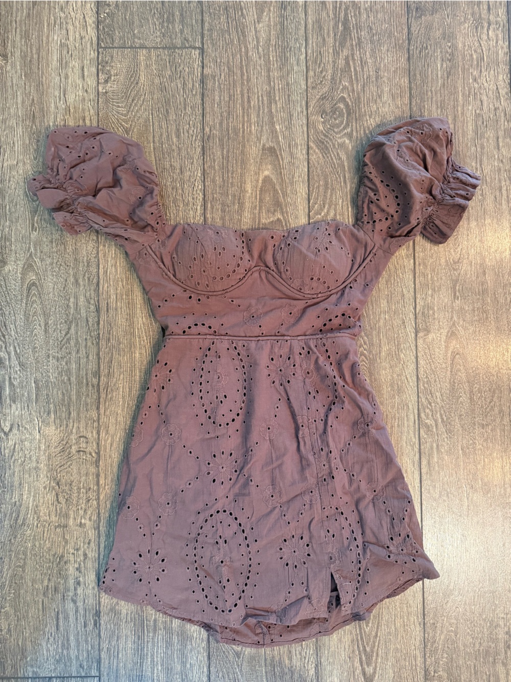 Women’s Brown  Eyelet Puff-Sleeve Mini Dress